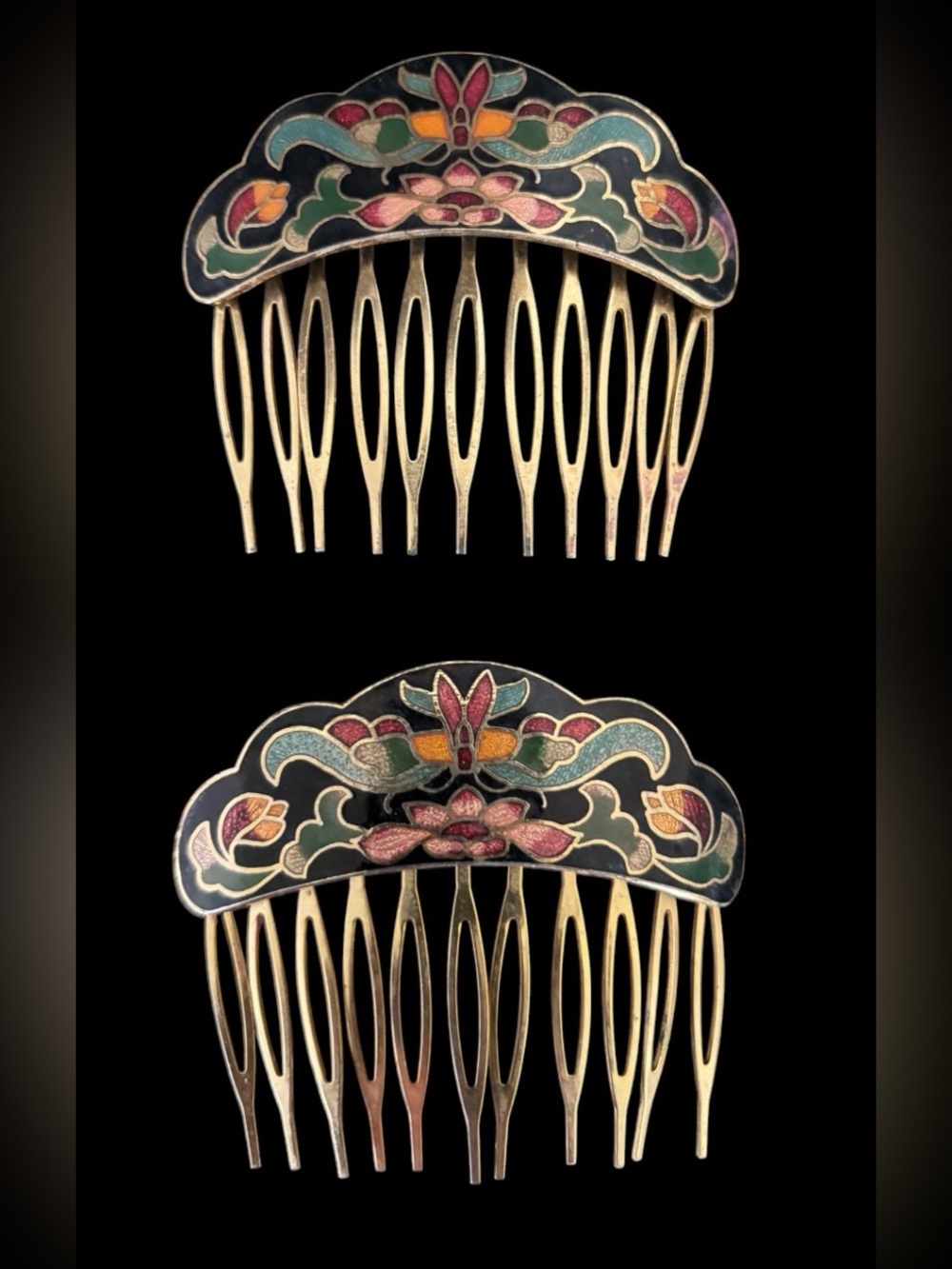 Vintage Floral Enamel Hair Comb - Multicolor Gold-Tone